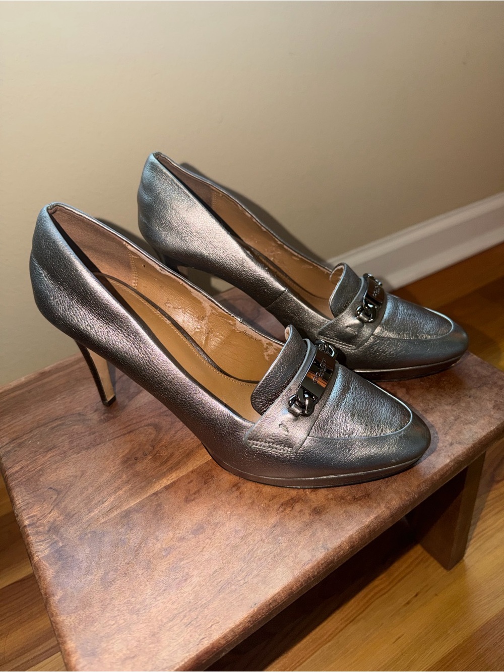 Coach Metallic Silver High Heel Loafers